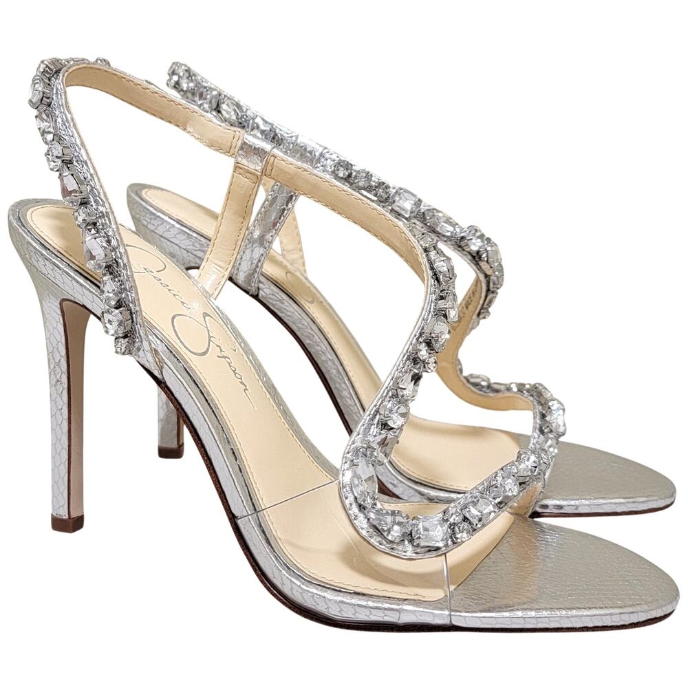 Jessica Simpson Jaycin Embellished Slingback Stiletto Sandal Size US 6.5M Silver